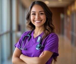 Confident nurse standing smiling in purple scrubs with a stethoscope around her neck